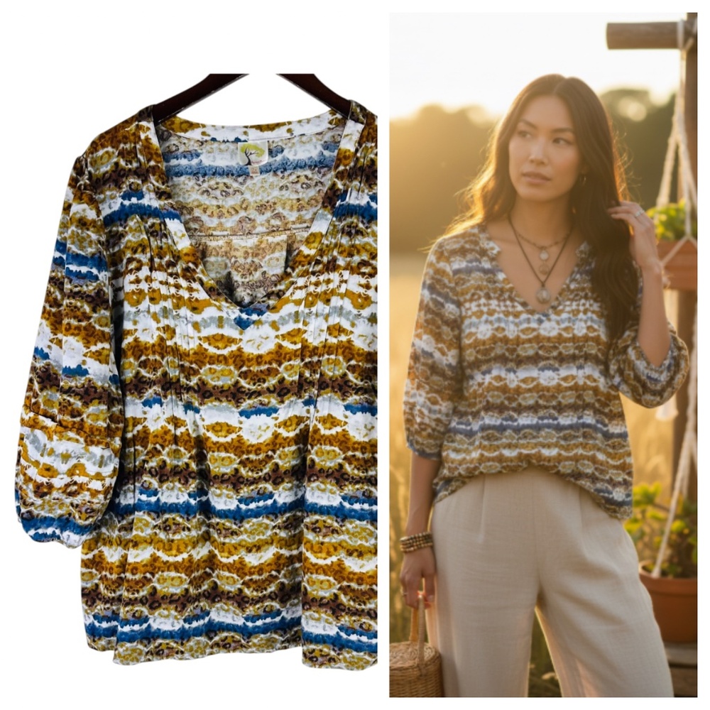 Anthropologie Fig and Flower Tunic Shirt Top Sz 2X 18 20 Tan Blue Boho Gypsy
